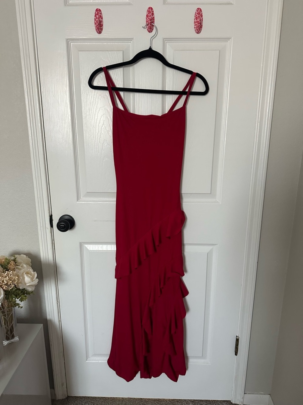 Red Ruffle-Trim Spaghetti Strap Dress